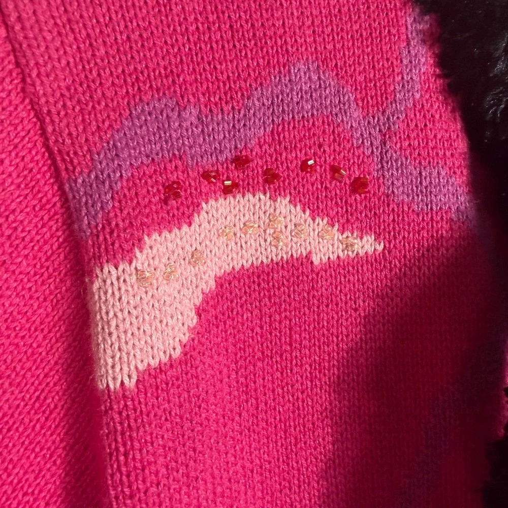 Vtg 90s Storybook Knits Pink Rose Beaded Knit Cardigan Sweater‎ Faux Fur Trim Sm